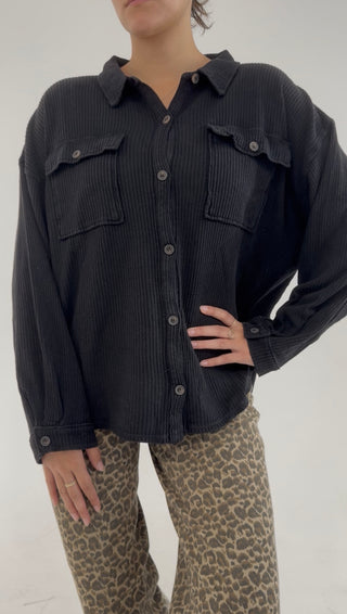 Midnight Waffle Knit Shacket - Black