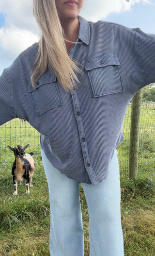 Midnight Waffle Knit Shacket - Dusty Navy