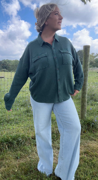 Midnight Waffle Knit Shacket - Deep Green