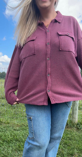 Midnight Waffle Knit Shacket - Dark Cherry