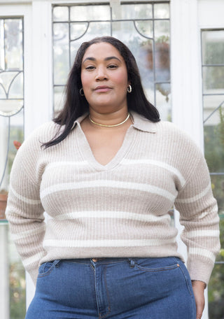Beckett Collared Stripe Sweater Cream v neckline long sleeve