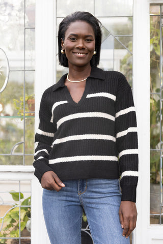 Beckett Collared Stripe Sweater black v neckline long sleeve