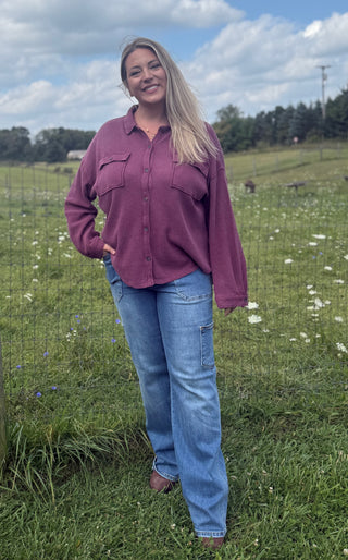 Midnight Waffle Knit Shacket - Dark Cherry