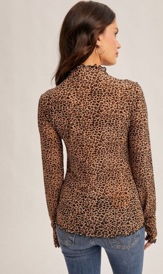 “Back view of long-sleeve leopard print mesh top with ruffled mock neck and slim fit silhouette.”