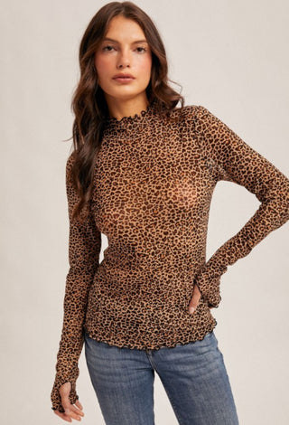 “Long-sleeve leopard print mesh top with ruffled mock neck and slim fit for a chic, stylish look.”