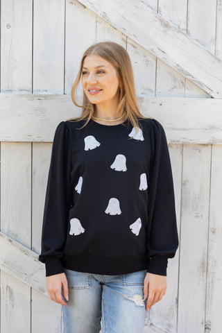 GHOSTLY GIRL CREWNECK SWEATSHIRT BY MARY SQUARE GHOST SEQUIN DETAIL FRONTVIEW