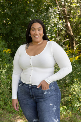 GIRLS DAY BUTTON CARDIGAN LONG SLEEVE WHITE FRONT VIEW SCOOP NECK