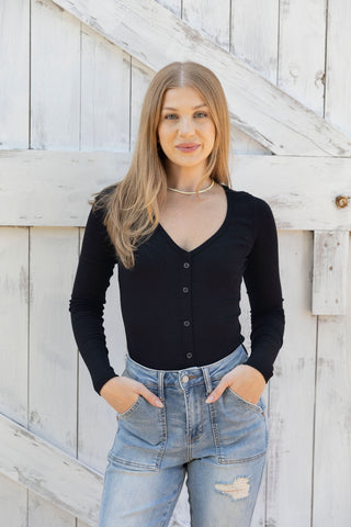 GIRLS DAY BUTTON CARDIGAN LONG SLEEVE BLACK FRONT VIEW SCOOP NECK