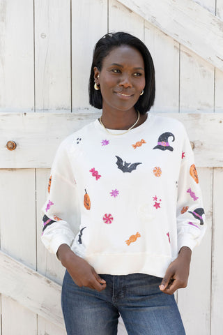 HALLOWEEN CREWNECK SWEATSHIRT BY MARYSQUARE SEQUIN DETAILING TRICK OR TREAT SWEATSHIR FRONT VIEW