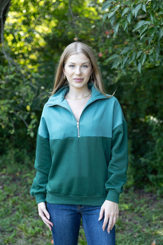 LOVE YOUR GREENS COLOR BLOCK SWEATER TWO TONE GREEN AND TEAL QUARTER ZIP PULLOVER LONG SLEEVE