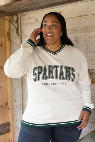 Not Your Granddad's Michigan State Spartans Vintage vibe sweatshirt Long sleeve striped cuffs close up
