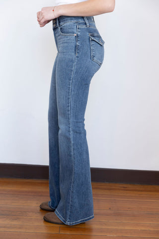 Judy Blue high-waisted flare jeans with a double-button closure in medium wash, designed with ultra-stretch denim for a flattering fit