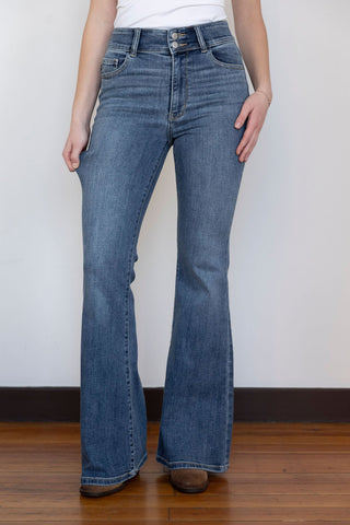 Flattering high-waisted flare jeans in stretch denim, perfect for effortless style and all-day comfort for busy, fashion-forward women