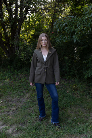 She means business drawstring jacket dark green front pockets long sleeve by hem & thread