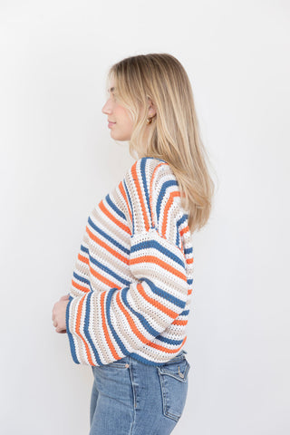 Casual chic striped knit sweater with bell sleeves - A lightweight crochet sweater featuring bold orange, blue, and white stripes, perfect for layering.