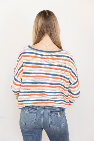 Trendy multicolor striped knit sweater with a relaxed fit - A breathable crochet-style pullover with bold stripes, ideal for casual, stylish outfits.