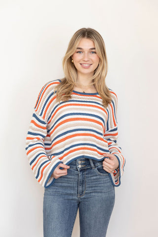 Trendy multicolor striped knit sweater with a relaxed fit - A breathable crochet-style pullover with bold stripes, ideal for casual, stylish outfits.