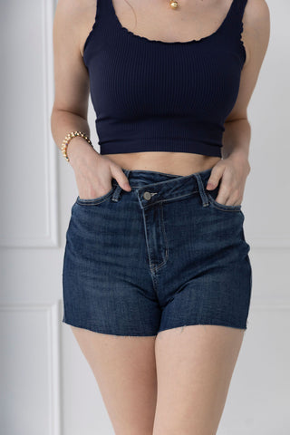 Weekender Criss Cross Fly Panel Shorts by Judy Blue