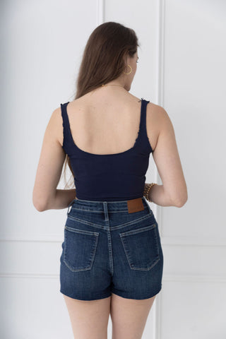 Weekender Criss Cross Fly Panel Shorts by Judy Blue