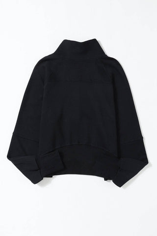 Black Zip Up Stand Collar Ribbed Thumbhole Sleeve Sweatshirt: Black