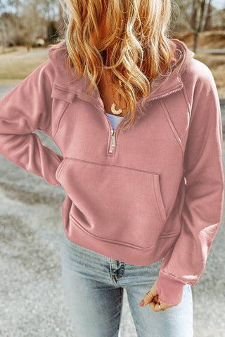 Pink Quarter Zip Kangaroo Pocket Hoodie: Pink