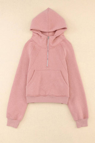 Pink Quarter Zip Kangaroo Pocket Hoodie: Pink