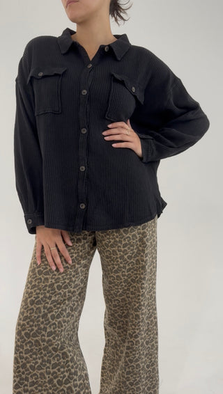 Midnight Waffle Knit Shacket - Black