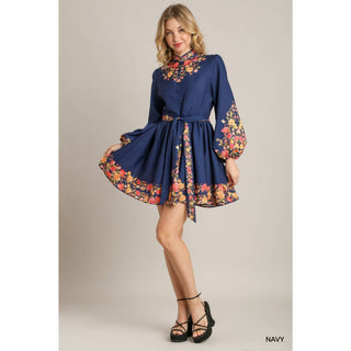 Navy Floral Print Front Tie Dress