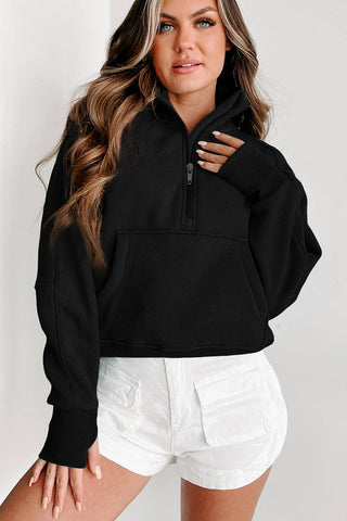 Black Zip Up Stand Collar Ribbed Thumbhole Sleeve Sweatshirt: Black