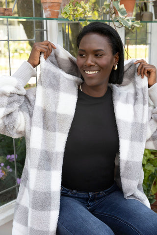 Gray and white checkered sherpa  cardigan fleece hooded by hem & thread elastic sleeves