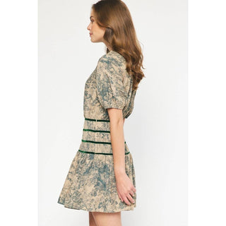 Antique print short sleeve mini dress