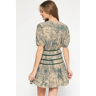 Antique print short sleeve mini dress