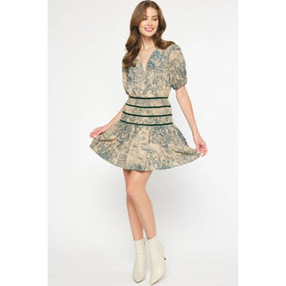 Antique print short sleeve mini dress