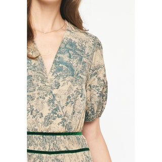 Antique print short sleeve mini dress