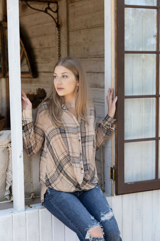 BACK ROADS PLAID TWIST BUTTON DOWN LONG SLEEVE TAUPE AND GRAY 