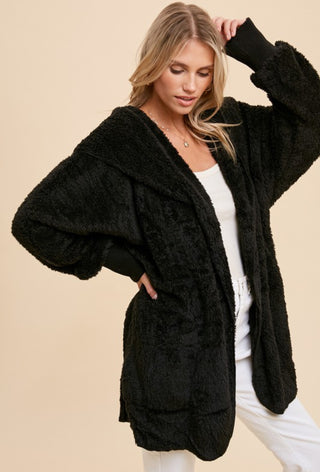 BLACK SHERPA OVERSIZE HOODIE CARDIGAN