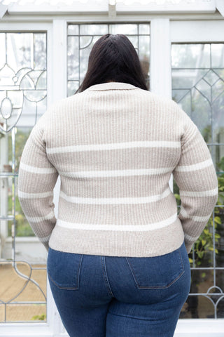 Beckett Collared Stripe Sweater cream v neckline long sleeve