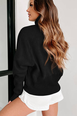 Black Zip Up Stand Collar Ribbed Thumbhole Sleeve Sweatshirt: Black
