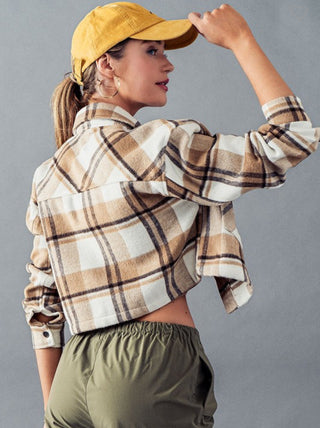 CAMEL PLAID CROPPED SHACKET JACKET FALL COLLECTION BACK VIEW