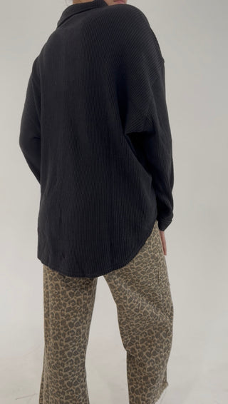 Midnight Waffle Knit Shacket - Black