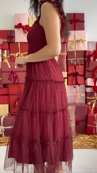 Cranberry Kisses Smocked Midi Dress