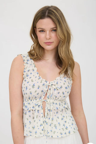 Sweetness Floral Lettuce Front Tie Blouse - White