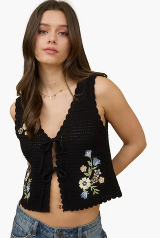 Tulips Time Floral Embroidered Front Tie Vest