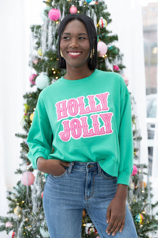 HOLLY JOLLY EMBELLISHED SWEATSHIRT IN TEAL WITH PINK 3/4 LENGTH SLEEVE ROUND NECKLINE