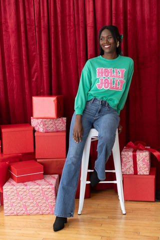 HOLLY JOLLY EMBELLISHED SWEATSHIRT IN TEAL WITH PINK 3/4 LENGTH SLEEVE ROUND NECKLINE