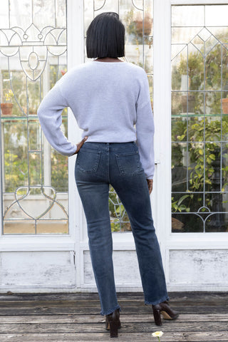 JUDY BLUE LATE NIGHTS BUTTON FLY STRAIGHT LEG DISTRESSED BOTTOM DARK WASH