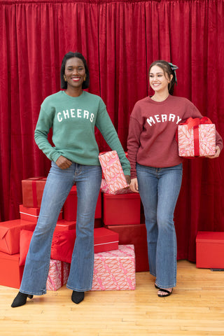 MERRY GRAPHIC SWEATSHIRT IN CRANBERRY WITH SCREENPRINT FRONT