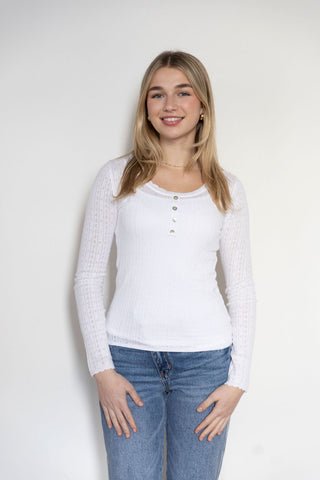 Meadow Eyelet Long Sleeve Knit Henley - White