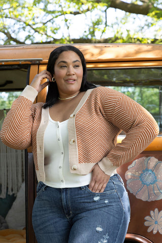 PUMPKIN CHEVRON CROP SWEATER CARDIGAN BUTTON FRONT LONG SLEEVE ROANGE AND NATURAL COLOR V NECKLINE