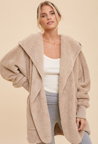 SHERPA HOODED CARDIGAN OPEN FRONT TAUPE